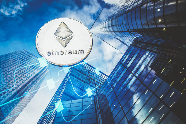 ethereum agains skyscrapers - futuristic smart city - cryptocurrency concept - Photo, Image