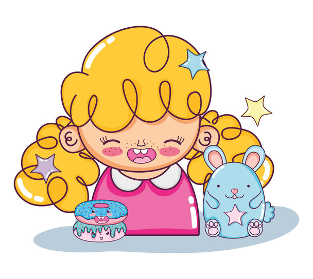 Mooi meisje met donut en tedere hamster vector illustratie grafisch ontwerp - Vector, afbeelding