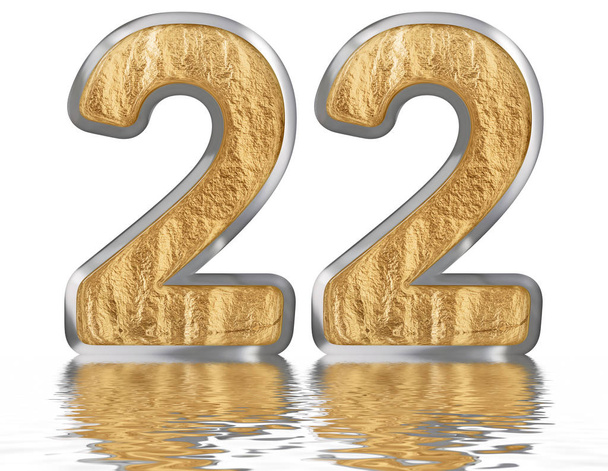 Numeral 22, twenty two, reflected on the water surface, isolated on white, 3d render - Photo, Image