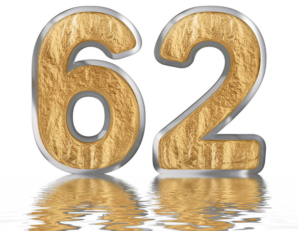 Numeral 62, sixty two, reflected on the water surface, isolated on white, 3d render - Photo, Image