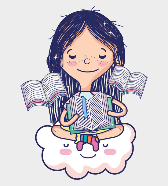 Χαριτωμένο κορίτσι που κάθεται πάνω σε σύννεφο διαβάζοντας ένα βιβλίο εικονογράφηση διάνυσμα γραφικού σχεδιασμού - Διάνυσμα, εικόνα
