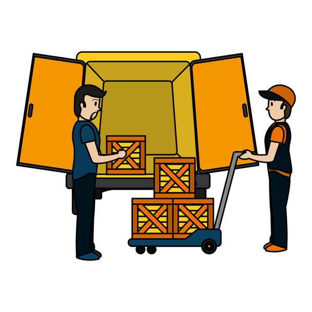 color delivery men with packages and platform trolleys vector illustration - Vector, Image