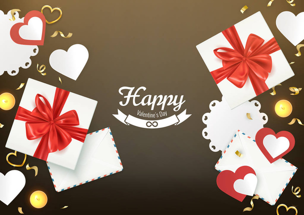 Happy Valentine's day composition with gift box and romantic elements, postcard, banner, vector illustration - Wektor, obraz