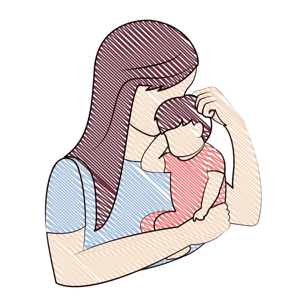 Doodle schattig moeder met haar zoontje in de armen vectorillustratie - Vector, afbeelding