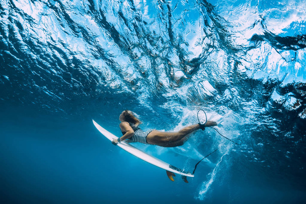 Серфер жінка з дошкою для серфінгу пірнає під водою з океанічною хвилею
. - Фото, зображення