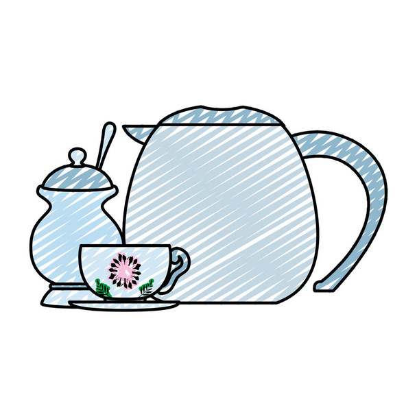 doodle teapot object with aromatic cup and sugar vector illustration - Vetor, Imagem