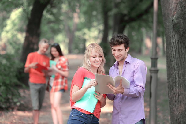 couple of students with a clipboard discussing exam questions standing in the Park - Fotografie, Obrázek