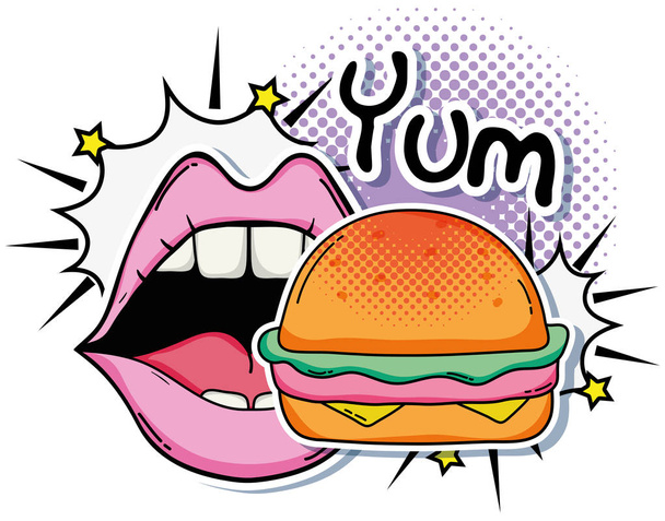 Pop art mouth eating burger cartoon vector illustration graphic design - Vector, Image