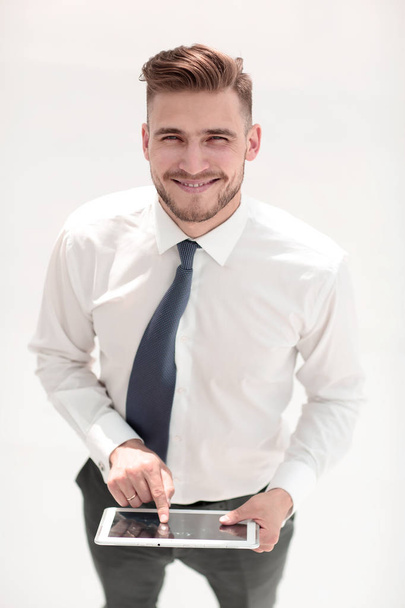 Confident man in shirt and tie with digital tablet - Zdjęcie, obraz