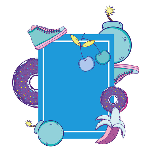 Emblem mit Mode-Turnschuhen Bomben mit Früchten und Donuts Vektor Illustration - Vektor, Bild