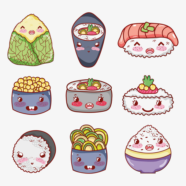 Sammlung asiatischer Lebensmittel niedlich kawaii cartoon Vektor Illustration Grafik-Design - Vektor, Bild