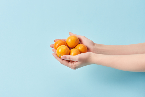 visão cortada de mulher segurando tangerinas saborosas em mãos isoladas em azul
  - Foto, Imagem