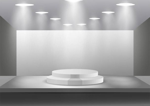 Pódio de palco vazio com holofotes em sala de estúdio em branco para apresentação
 - Vetor, Imagem