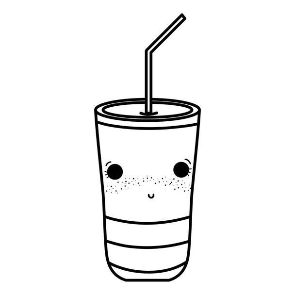 line kawaii shy soda in plastic cup vector illustration - Vector, Image