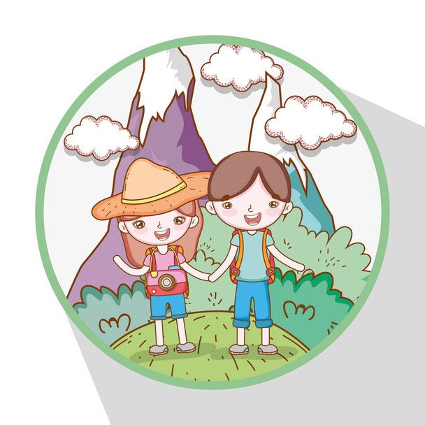 girl and boy in the mountains with trees and clouds vector illustration - Vector, Image