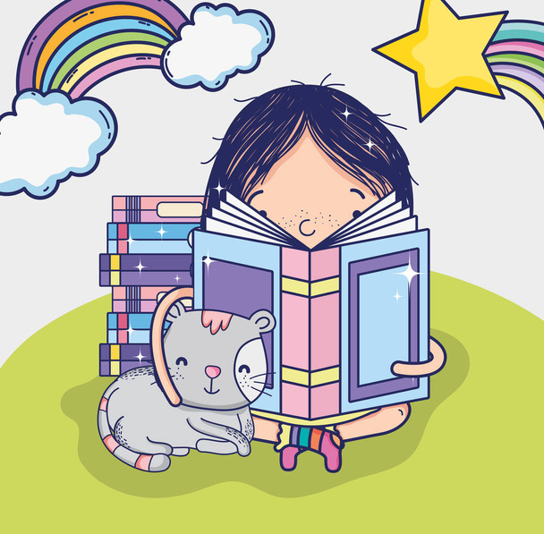 Χαριτωμένο κορίτσι με βιβλία στη φύση εικονογράφηση διάνυσμα γραφικού σχεδιασμού - Διάνυσμα, εικόνα