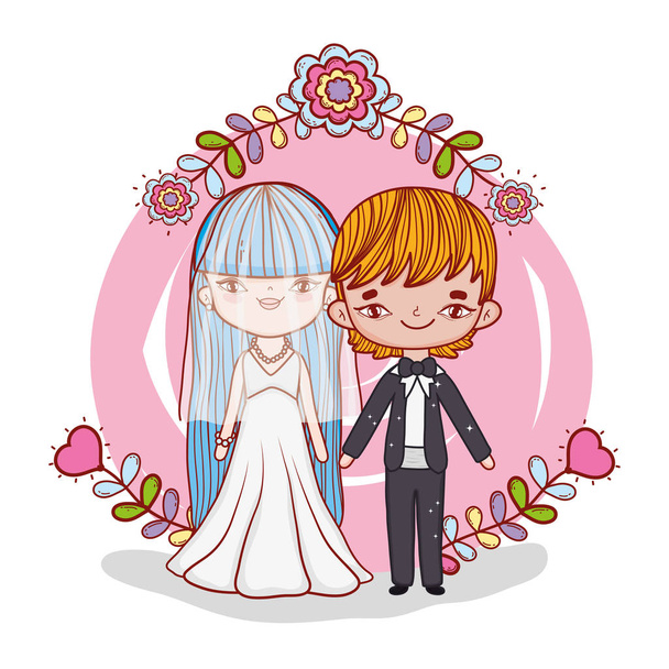 dziewczyna i chłopak małżeństwo para z ilustracji wektorowych kwiaty - Wektor, obraz