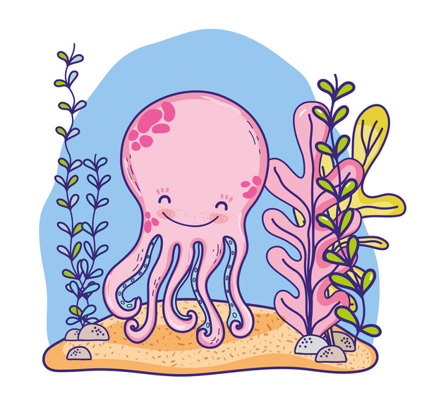 Ahtapot deniz hayvan deniz yosunu sevimli çizgi film ile vektör çizim grafik tasarım - Vektör, Görsel