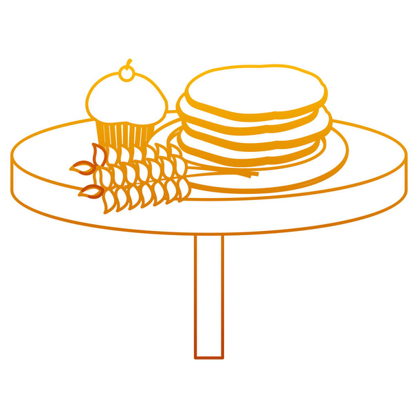 degraded line tasty waffles and muffin with wheat plant in the table vector illustration - Vector, Image