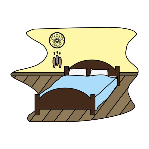 couleur lit confortable avec objet oreiller et illustration vectorielle attrape-rêves
 - Vecteur, image