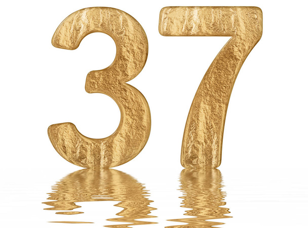 Numeral 37, thirty seven, reflected on the water surface, isolated on  white, 3d render - Photo, Image