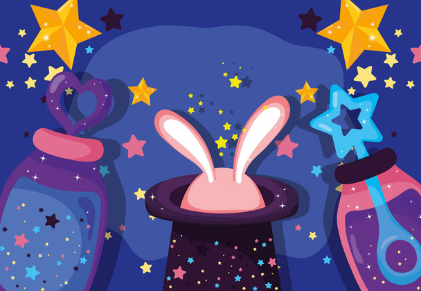 sombrero mágico con conejo y pociones efecto vector ilustración
 - Vector, imagen