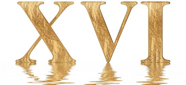 Romeinse cijfers Xvi, sedecim, 16, zestien, weerspiegeld op het water oppervlak, geïsoleerde op wit, 3d render - Foto, afbeelding