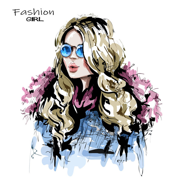 Hand drawn beautiful young woman with long blonde hair. Stylish girl in fashion clothing. Fashion woman look. Sketch.  - Vector, Image