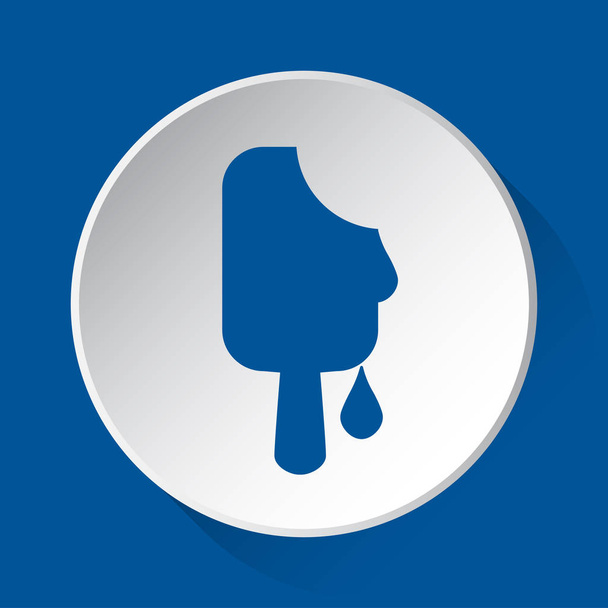 helado de palo de fusión - icono azul simple en el botón blanco con sombra delante de fondo cuadrado azul
 - Vector, Imagen