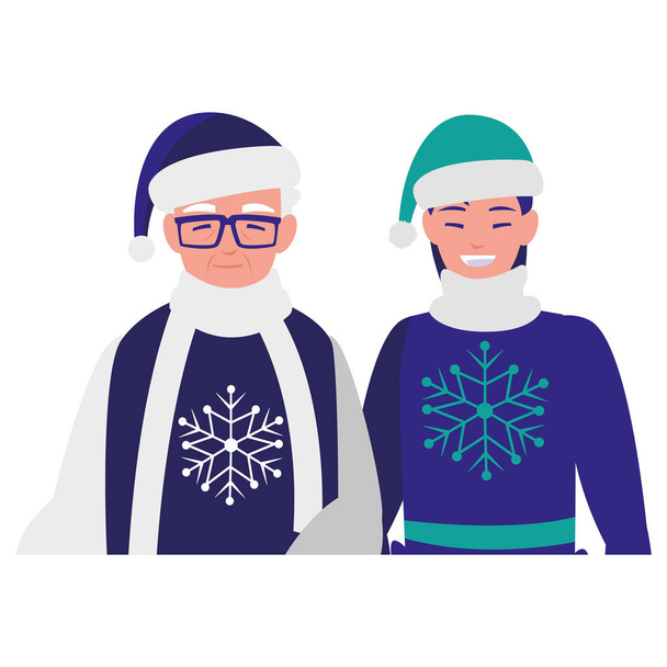 χαριτωμένο παππού και κόρη με χειμωνιάτικα ρούχα - Διάνυσμα, εικόνα