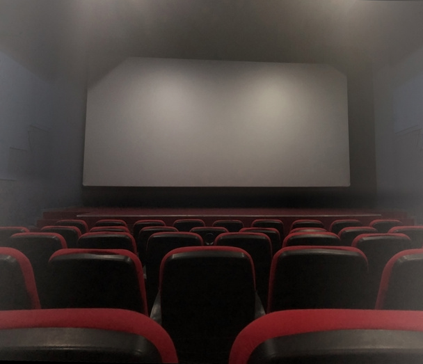 Interior del cine con pantalla vacía. Textura de ruido de vittage de grano. Luz nocturna
.  - Foto, Imagen