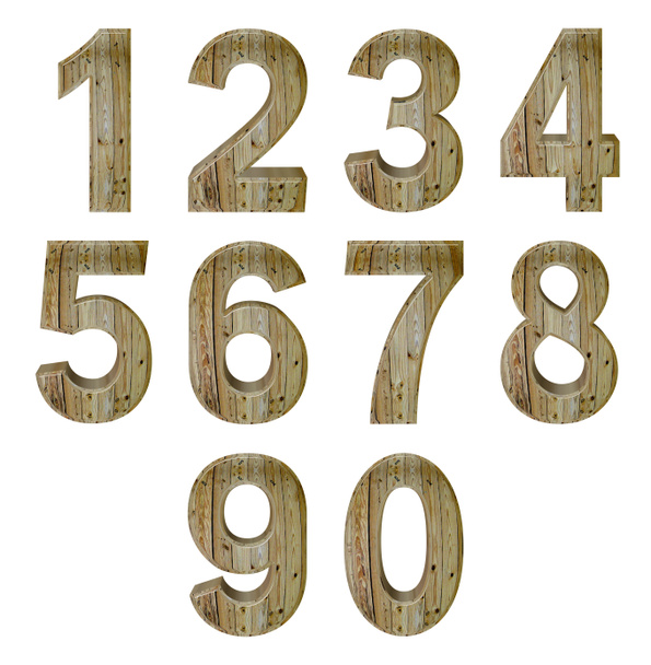 Conjunto de números árabes, textura de madera de emisión, perspectiva de extrusión de recta, aislado sobre fondo blanco, ilustración 3d
 - Foto, imagen