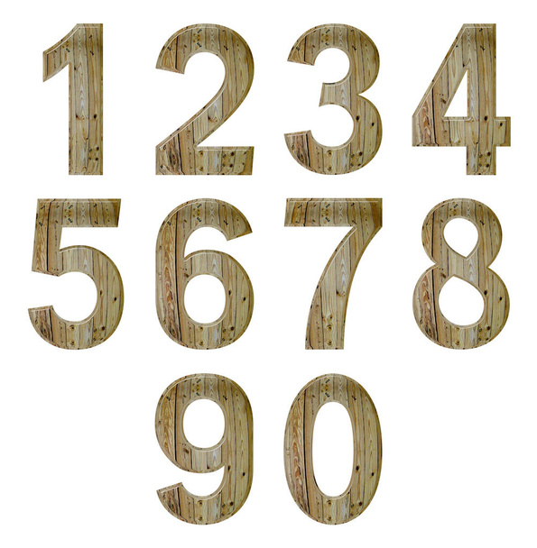 Arab számok halmaza, emitation fa szerkezetű, elszigetelt fehér háttér, 3d illustratio - Fotó, kép