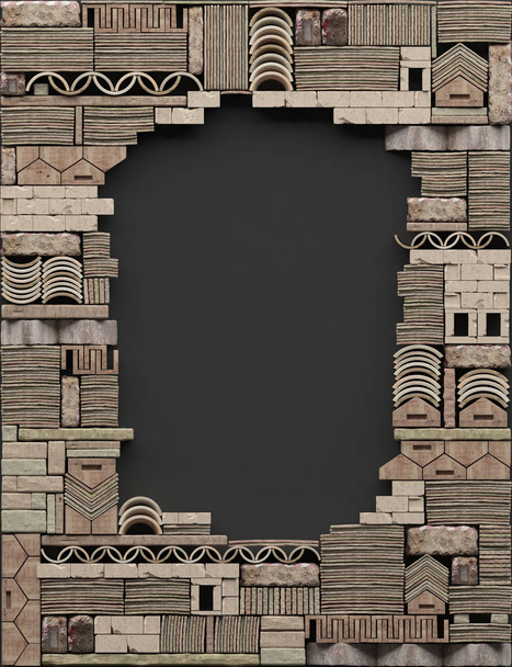Border frame on black background with decorative stonework. opy space. Ruined wall of stone blocks and bricks with pattern in ancient style. Abstract geometric composition. 3D render. - Фото, изображение