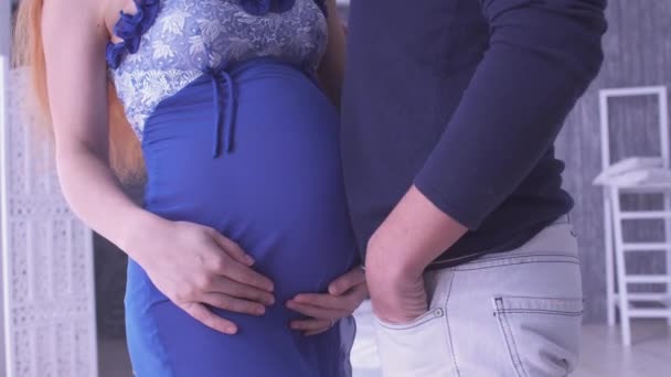 Pregnant couple caressing pregnant belly. Maternity concept. Pregnancy. Happy family. - Footage, Video