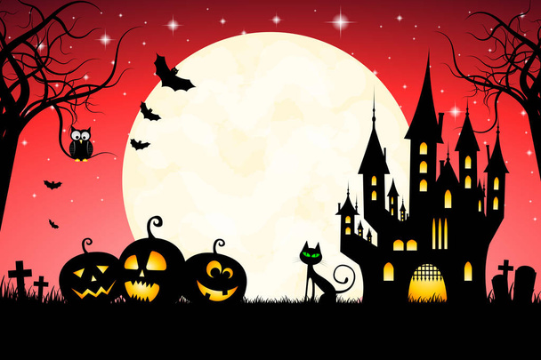 Halloween-kaart tempalte met maan, kasteel, vleermuizen, nacht, kat, uil. - Foto, afbeelding