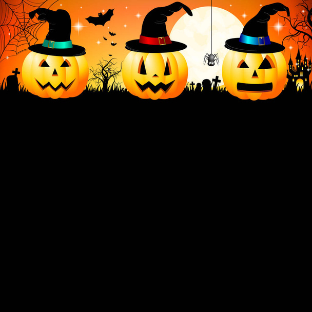 Plantilla de tarjeta de Halloween con calabazas con sombreros
. - Foto, imagen