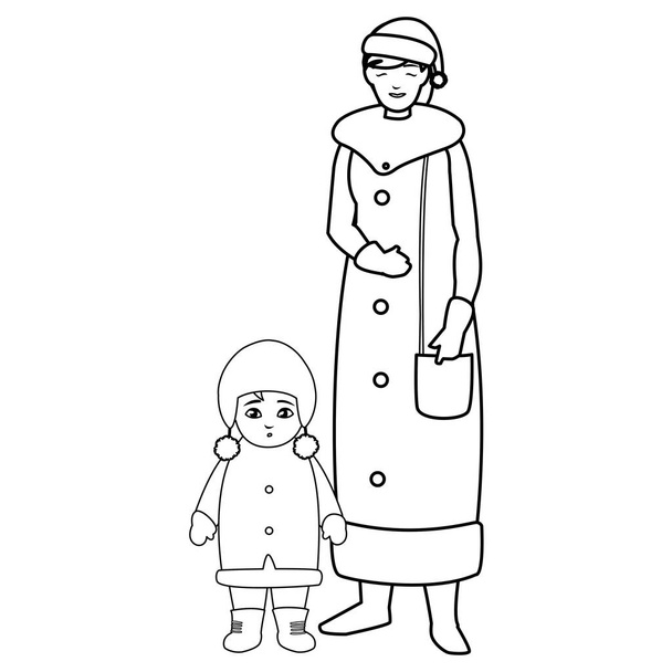 милая мать и дочь в зимней одежде
 - Вектор,изображение