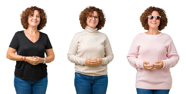 Collage einer Seniorin mittleren Alters über weißen, isolierten Hintergrundhänden, die Daumen gedrückt, entspannt und fröhlich lächelnd. Erfolg und Optimismus - Foto, Bild