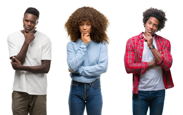Collage einer afrikanisch-amerikanischen Gruppe von Menschen mit isoliertem Hintergrund, die selbstbewusst mit verschränkten Armen und erhobener Hand am Kinn in die Kamera blicken. Positives Denken. - Foto, Bild