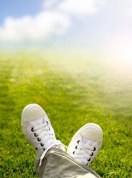 A pair of white trainers in the grass in the sunshine - Photo, Image