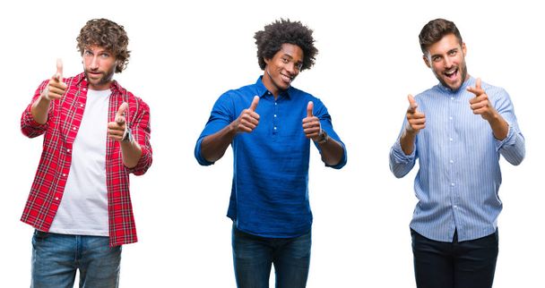 Collage einer Gruppe afrikanisch-amerikanischer und hispanischer Männer vor isoliertem Hintergrund, die mit fröhlichem und lustigem Gesicht mit den Fingern in die Kamera zeigen. gute Energie und Stimmung. - Foto, Bild