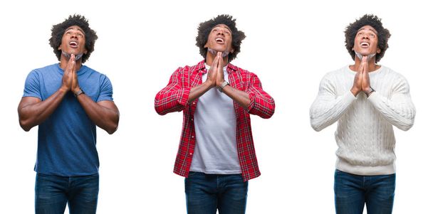 Collage de jeunes afro-américains beau homme sur fond isolé mendier et prier avec les mains ainsi que l'expression de l'espoir sur le visage très émotionnel et inquiet. Je demande pardon. Concept de religion
. - Photo, image