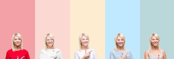 Collage van mooie blonde vrouw op kleurrijke strepen geïsoleerde achtergrond vrolijke met een glimlach van het gezicht wijzen met hand en de vinger aan de kant met gelukkig en natuurlijke uitdrukking op het gezicht - Foto, afbeelding
