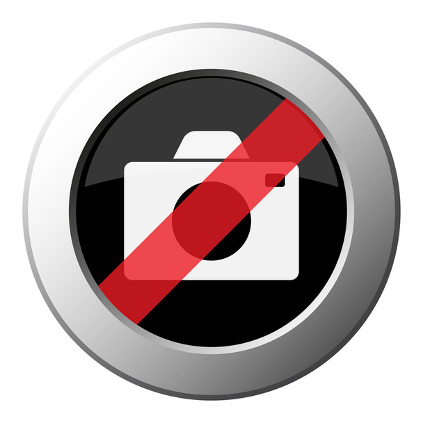 camera - verbod ronde metalen drukknop met wit pictogram op zwarte en diagonale rode streep - Vector, afbeelding