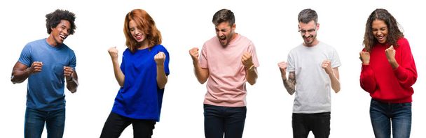 Composition of african american, hispanic and caucasian group of people over isolated white background very happy and excited doing winner gesture with arms raised, smiling and screaming for success. Celebration concept. - Photo, Image