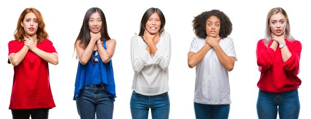 Collage van groep prachtige Chinese, Aziatische, Afrikaanse Amerikaanse, blanke vrouwen meer dan geïsoleerd achtergrond schreeuwen en stik omdat pijnlijke wurgen. Gezondheidsprobleem. Asphyxiate en zelfmoord concept. - Foto, afbeelding