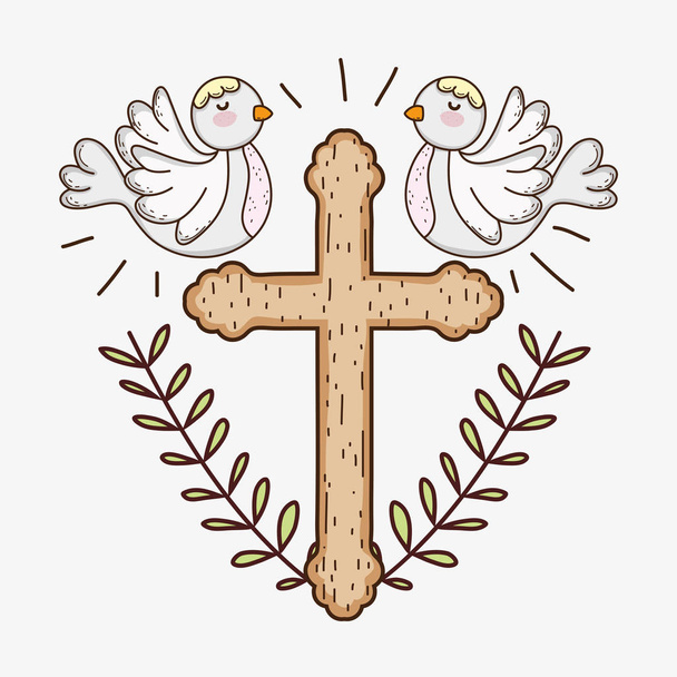 Erstkommunion mit Kreuz und Tauben mit Zweigen Blätter Vektorillustration - Vektor, Bild