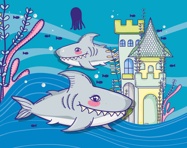Haie und Unterwasser-Burg mit Kreaturen niedlichen Cartoons Vektor Illustration Grafik-Design - Vektor, Bild