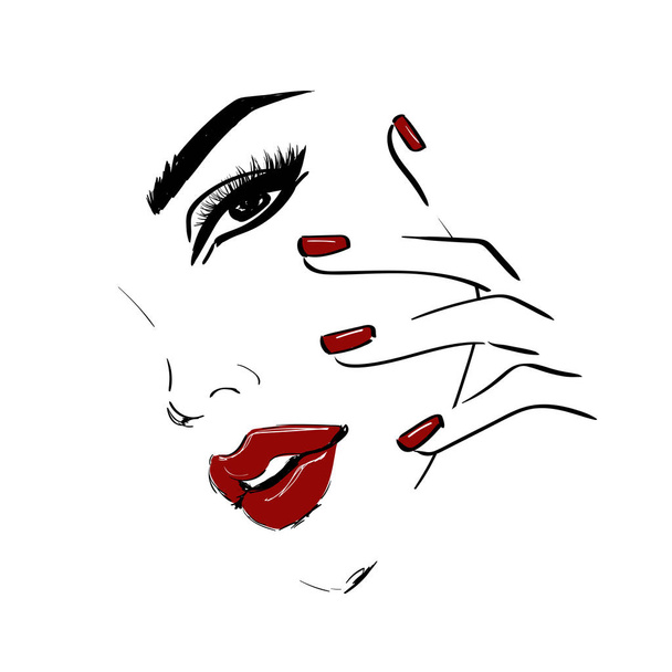 Zarys twarzy z czerwonymi ustami i ilustracją paznokci - Wektor, obraz